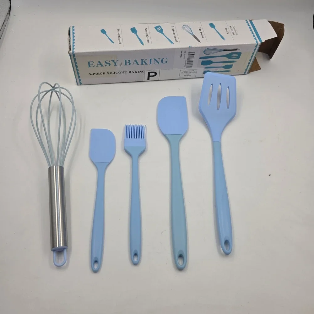 Easy Baking 5 Piece Silicone Kitchen Utensil Set Blue Spatula Whisk Brush BPA L4